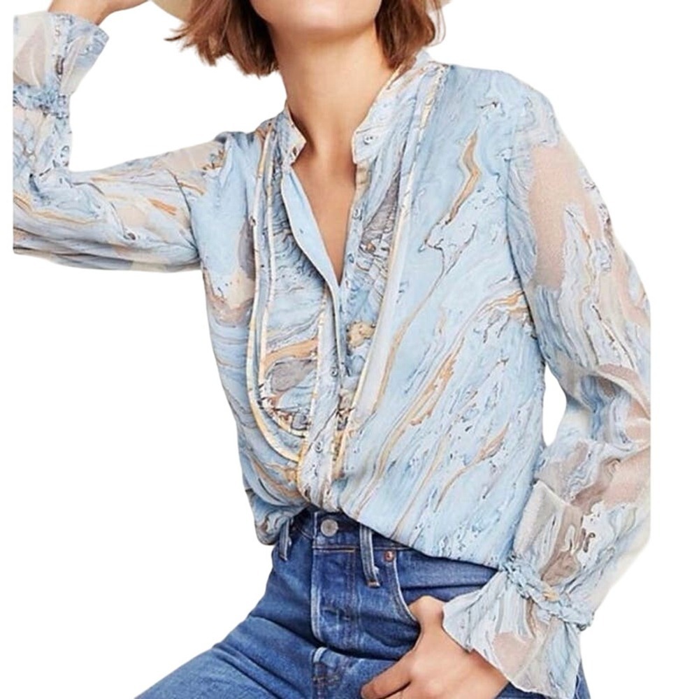 Geisha Designs ANTHROPOLOGIE Portia Marbled Ruffle Peasant Blouse - Medium